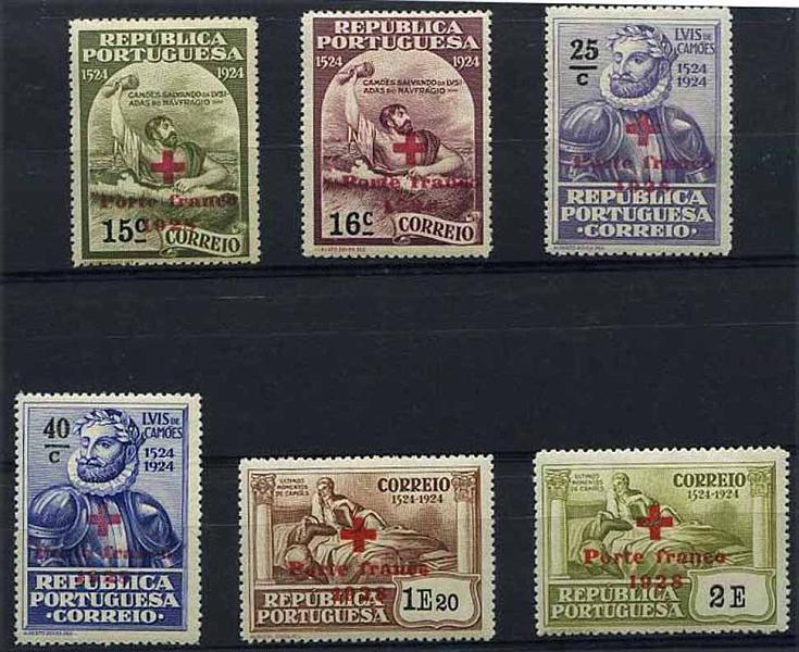 23Lis_1457.jpg -     Lote:    1457            Portugal       Descrição:         1928 &mdash; Porte Franco. Cruz Vermelha Portuguesa. Selos do 4.º Centenário do Nascimento de Luís de Camões (1924) sobrecarregados. CE CVP11/16. Série completa.        **       Valor Base:     &euro; 5,00     Valor Venda:     Retirado     