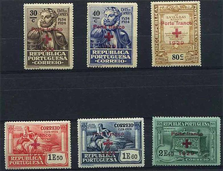 23Lis_1458.jpg -     Lote:    1458            Portugal       Descrição:         1929 &mdash; Porte Franco. Cruz Vermelha Portuguesa. Selos do 4.º Centenário do Nascimento de Luís de Camões (1924) sobrecarregados. CE CVP17/22. Série completa.        ***       Valor Base:     &euro; 5,00     Valor Venda:     &euro; 5,00     