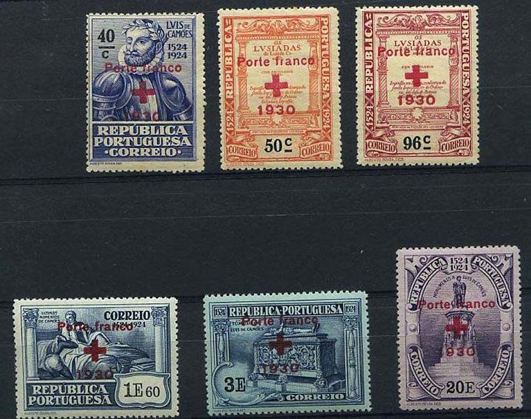 23Lis_1459.jpg -     Lote:    1459            Portugal       Descrição:         1930 &mdash; Porte Franco. Cruz Vermelha Portuguesa. Selos do 4.º Centenário do Nascimento de Luís de Camões (1924) sobrecarregados. CE CVP23/28. Série completa.        ***       Valor Base:     &euro; 5,00     Valor Venda:     Retirado     