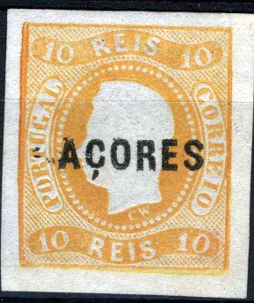 23Lis_1460.jpg -     Lote:    1460            Açores       Descrição:         1868 &mdash; D. Luís I. Fita Curva. Não denteados. CE2, 10 reis amarelo, margens largas. Sobrecarga tipo A. B e MR. Valor de catálogo &euro; 18.700,00.        *       Valor Base:     &euro; 2.500,00     Valor Venda:     &euro; 2500,00     