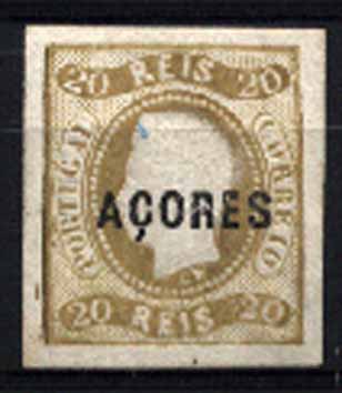 23Lis_1461.jpg -     Lote:    1461            Açores       Descrição:         1868 &mdash; D. Luís I. Fita Curva. Não denteados. CE3, 20 reis bistre, margens normais. Sobrecarga tipo A. Valor de catálogo &euro; 261,00.        **       Valor Base:     &euro; 45,00     Valor Venda:     Retirado     