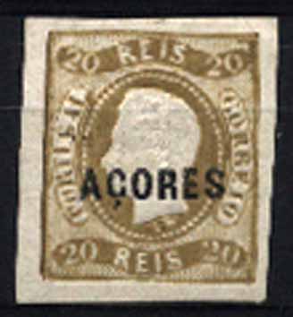 23Lis_1462.jpg -     Lote:    1462            Açores       Descrição:         1868 &mdash; D. Luís I. Fita Curva. Não denteados. CE3, 20 reis bistre, margens normais. Sobrecarga tipo A. Valor de catálogo &euro; 261,00.        **       Valor Base:     &euro; 45,00     Valor Venda:     &euro; 50,00     