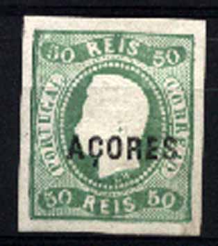 23Lis_1463.jpg -     Lote:    1463            Açores       Descrição:         1868 &mdash; D. Luís I. Fita Curva. Não denteados. CE4, 50 reis verde, margens normais. Sobrecarga tipo A. Regomado. Valor de catálogo &euro; 261,00.        RG ***       Valor Base:     &euro; 20,00     Valor Venda:     Retirado     