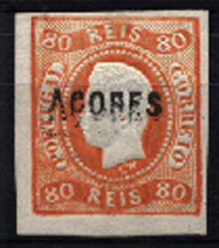 23Lis_1464.jpg -     Lote:    1464            Açores       Descrição:         1868 &mdash; D. Luís I. Fita Curva. Não denteados. CE5, 80 reis amarelo, margens normais. Sobrecarga tipo A. Dupla sobrecarga. B e R. Valor de catálogo &euro; 298,00.        **       Valor Base:     &euro; 100,00     Valor Venda:     &euro; 100,00     