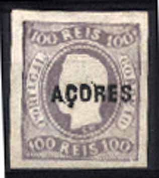 23Lis_1465.jpg -     Lote:    1465            Açores       Descrição:         1868 &mdash; D. Luís I. Fita Curva. Não denteados. CE6, 100 reis lilás, margens normais. Sobrecarga tipo A. Valor de catálogo &euro; 298,00.        RG ***       Valor Base:     &euro; 20,00     Valor Venda:     &euro; 22,00     