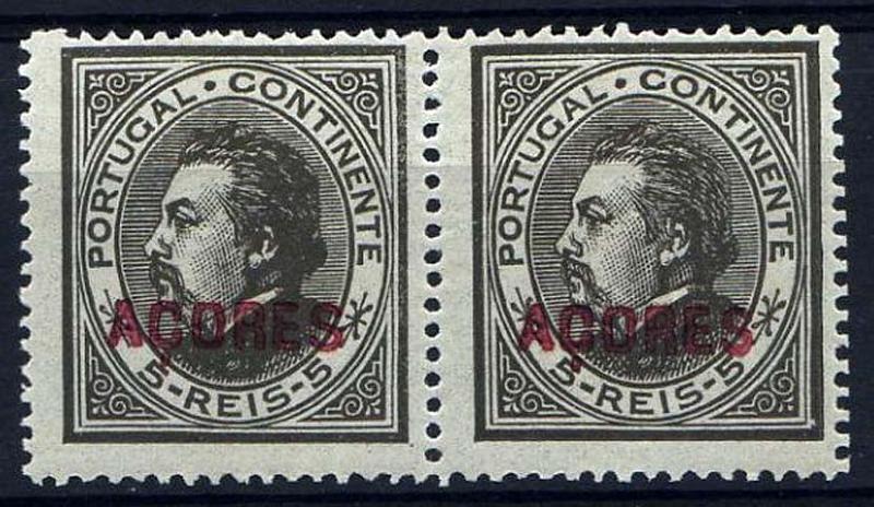 23Lis_1469.jpg -     Lote:    1469            Açores       Descrição:         1882 &mdash; D. Luís I. De perfil. CE47, 5 reis preto castanho, denteado 13 &frac12;, papel liso. Par horizontal. Valor de catálogo &euro; 70,40.        ***/**       Valor Base:     &euro; 10,00     Valor Venda:     &euro; 10,00     