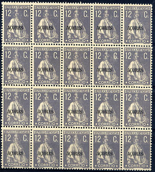 23Lis_1472.jpg -     Lote:    1472            Açores       Descrição:         1918/21 &mdash; Ceres. Selos do Continente com sobrecarga AÇORES. CE173, 12 c. cinzento violeta, denteado 12x11 &frac12;, papel pontinhado. Bloco de 20 selos. Valor de catálogo &euro; 90,00.        ***       Valor Base:     &euro; 20,00     Valor Venda:     Retirado     