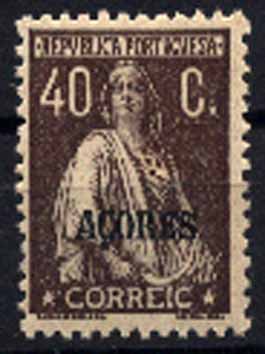 23Lis_1476.jpg -     Lote:    1476            Açores       Descrição:         1924/26 &mdash; Ceres. Selos do Continente com sobrecarga AÇORES. CE205, 40c castanho, denteado 12x11 &frac12;, papel liso. Variedade CORREIC. Valor de catálogo &euro; 118,00.        ***       Valor Base:     &euro; 25,00     Valor Venda:     Retirado     