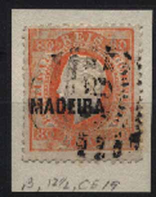 23Lis_1478.jpg -     Lote:    1478            Madeira       Descrição:         1871/76 &mdash; D. Luís I, fita direita. CE19, 80 reis laranja, denteado 12 &frac12;. Um dente mais curto. Valor de catálogo &euro; 133,00.        O       Valor Base:     &euro; 8,00     Valor Venda:     &euro; 18,00     