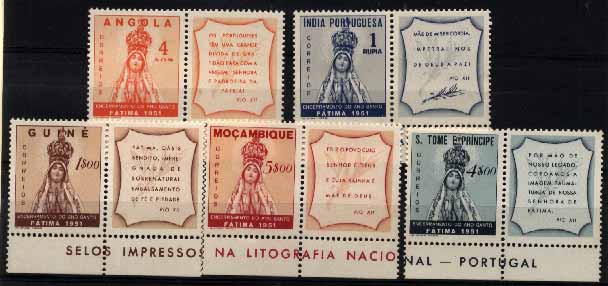 23Lis_1483.jpg -     Lote:    1483            Ultramar       Descrição:         1951 &mdash; Ultramar. Encerramento do Ano Santo. Lote de 5 selos das seguintes colónias: Angola, Índia, Guiné, Moçambique e S. Tomé e Príncipe. Valor de catálogo &euro; 18,70.        ***       Valor Base:     &euro; 4,00     Valor Venda:     &euro; 6,00     