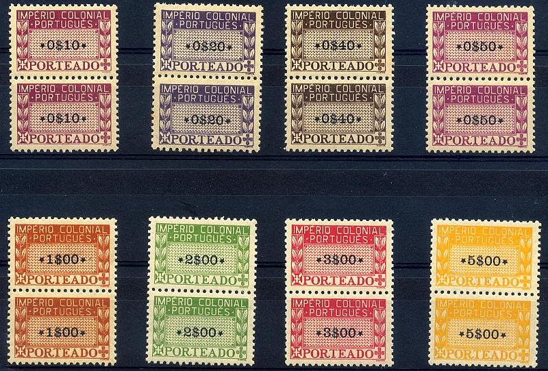 23Lis_1486.jpg -     Lote:    1486            Ultramar       Descrição:         1945 &mdash; Emissões Gerais * Colónias de África. Porteado. Império Colonial Português. CE1,2, 4/9. Série completa em pares verticais, com excepção da taxa de 0$30. valor de catálogo &euro; 69,16.        ***       Valor Base:     &euro; 14,00     Valor Venda:     &euro; 18,00     