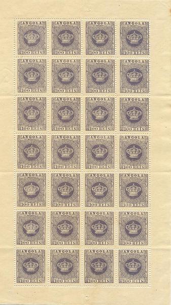 23Lis_1489.jpg -     Lote:    1489            Angola       Descrição:         1870/77 &mdash; Tipo Coroa. CE7, 100 reis lilás malva, papel liso médio, denteado 13 &frac12;. Folha completa de 28 selos, rara nesta tonalidade de cor. Valor de catálogo &euro; 204,00.        *       Valor Base:     &euro; 30,00     Valor Venda:     &euro; 30,00     