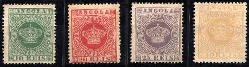 23Lis_1494.jpg -     Lote:    1494            Angola       Descrição:         1881/85 &mdash; Tipo Coroa. Novas cores. CE10/13. Lote de 4 selos: 10 reis denteado 13 &frac12;, sem goma; 20 reis denteado 12 &frac12;, goma original; 25 reis denteado 13 &frac12;, goma com charneira e 40 reis denteado 12 &frac12;, sem goma.        **/*       Valor Base:     &euro; 10,00     Valor Venda:     &euro; 18,00     