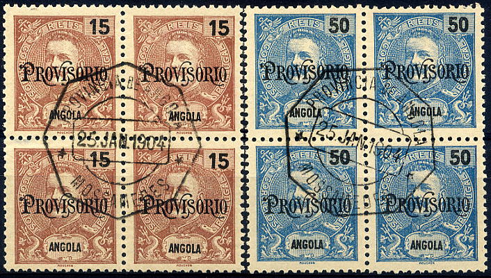 23Lis_1496.jpg -     Lote:    1496            Angola       Descrição:         1902 &mdash; D. Carlos I, com sobrecarga Provisório. Lote de duas quadras de 15 e 50 reis, CE75 e 77. Valor de catálogo &euro;17,60.        O       Valor Base:     &euro; 5,00     Valor Venda:     &euro; 22,00     