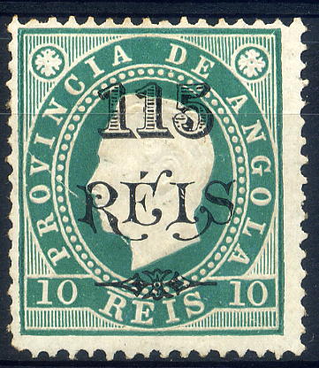 23Lis_1497.jpg -     Lote:    1497            Angola       Descrição:         1902 &mdash; D. Luís I, com sobretaxa. CE55 (16), 115 reis s/ 10 reis verde, papel porcelana, denteado 13 &frac12;. Valor de catálogo &euro; 78,00.        **       Valor Base:     &euro; 15,00     Valor Venda:     &euro; 15,00     