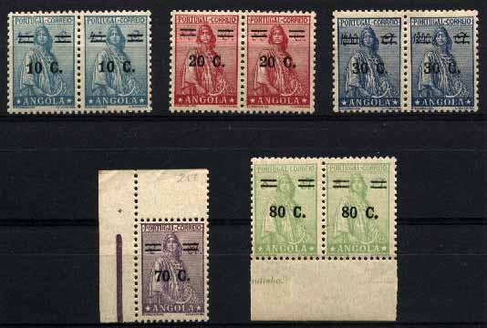 23Lis_1501.jpg -     Lote:    1501            Angola       Descrição:         1934 &mdash; Ceres, com sobretaxa. CE247/51. Série completa, em pares com excepção do 70c s/ 2a em selo isolado. Valor aproximado de catálogo &euro; 70,00.        ***       Valor Base:     &euro; 10,00     Valor Venda:     &euro; 32,00     