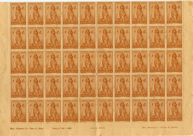 23Lis_1503.jpg -     Lote:    1503            Angola       Descrição:         1932 &mdash; Ceres. Novo tipo. CE 228, 1C bistre. Folha completa de 100 selos. Inscrições marginais "Maq. Frontex 8 &mdash; Obra 160-1946, clichés &mdash; H. Munhoz". Valor de catálogo &euro; 30.00.        ***       Valor Base:     &euro; 10,00     Valor Venda:     &euro; 28,00     