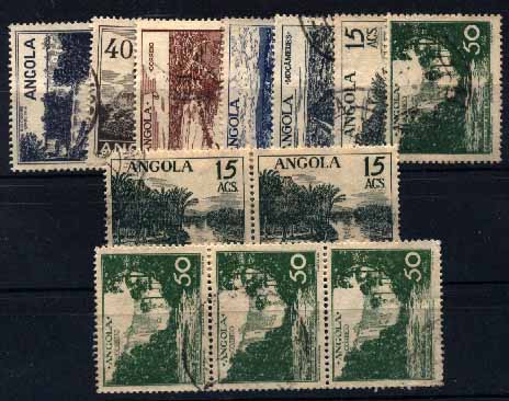 23Lis_1506.jpg -     Lote:    1506            Angola       Descrição:         1949 &mdash; Vistas de Angola. CE311/17. Série completa + par de 15 Ags + tira vertical de 3 selos de 50 Ags. Valor de catálogo &euro; 41,90.        O       Valor Base:     &euro; 10,00     Valor Venda:     &euro; 10,00     