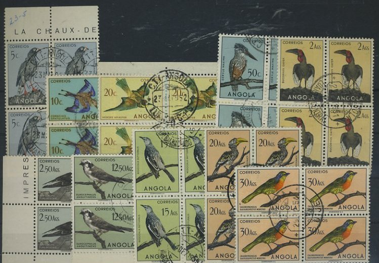 23Lis_1508.jpg -     Lote:    1508            Angola       Descrição:         1951 &mdash; Aves de Angola. Lote de 10 quadras: CE326/327, 329, 330, 333, 334, 343/345 e 347. Usadas. Valor de catálogo &euro; 112,40.        O       Valor Base:     &euro; 20,00     Valor Venda:     &euro; 40,00     