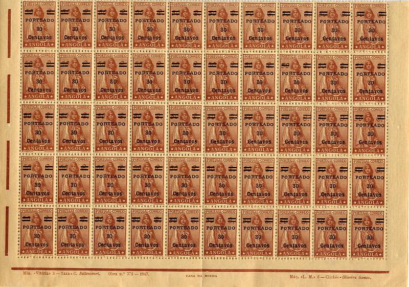 23Lis_1511.jpg -     Lote:    1511            Angola       Descrição:         1949 &mdash; Porteado. Ceres, novo tipo, com sobretaxa. CE POR 33, 30 s/ 50C castanho vermelho. Folha completa de 100 selos. Um dos selos com "S" invertido. Interessante para estudo de variedades da sobrecarga. Valor de catálogo &euro; 120,00.        ***       Valor Base:     &euro; 24,00     Valor Venda:     &euro; 44,00     