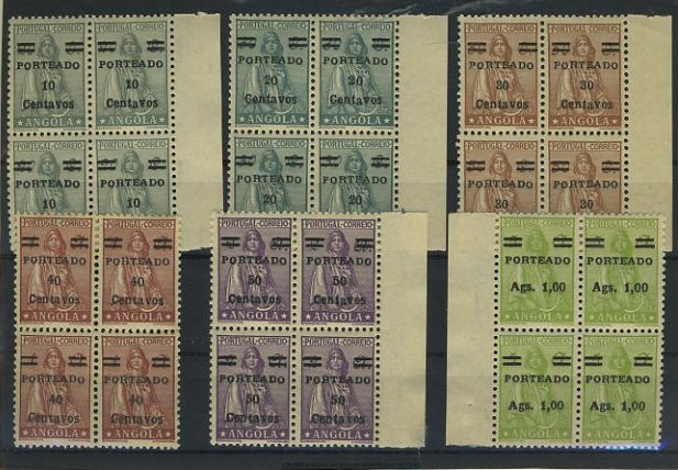 23Lis_1513.jpg -     Lote:    1513            Angola       Descrição:         1949 &mdash; Porteado. Ceres, novo tipo, com sobretaxa. CE POR31/36. Série completa em quadras, bordo de folha. Valor de catálogo &euro; 39,20.        ***/**       Valor Base:     &euro; 8,00     Valor Venda:     &euro; 26,00     