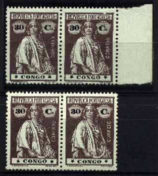 23Lis_1516.jpg -     Lote:    1516            Congo       Descrição:         1914 &mdash; Ceres. CE111, 30C chocolate s/ verde. Dois pares, um com as estrelas na posição I/I e outro com fenda no quadro superior do selo da direita. Valor de catálogo 29,60.        ***/**       Valor Base:     &euro; 5,00     Valor Venda:     &euro; 18,00     