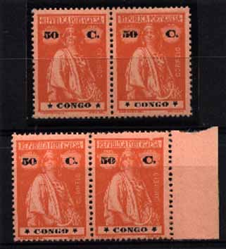 23Lis_1517.jpg -     Lote:    1517            Congo       Descrição:         1914 &mdash; Ceres. CE113, 50C laranja s/ salmão. Dois pares, um com as estrelas na posição I/I e outro com fenda no quadro superior do selo da direita. Valor de catálogo &euro; 36,00.        ***/**       Valor Base:     &euro; 6,00     Valor Venda:     &euro; 16,00     