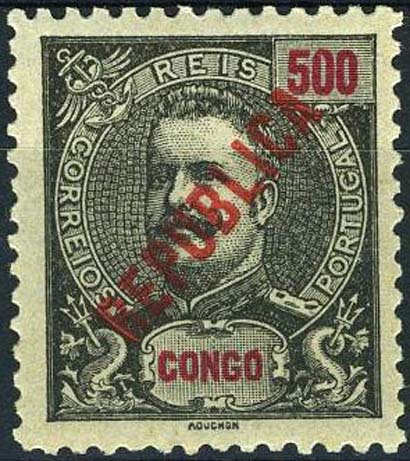 23Lis_1519.jpg -     Lote:    1519            Congo       Descrição:         1914 &mdash; D. Carlos I tipo Mouchon, com sobrecarga REPUBLICA, tipografada localmente. CE120, 500 reis preto s/ azul. Valor de catálogo &euro; 82,60.        ***       Valor Base:     &euro; 25,00     Valor Venda:     &euro; 30,00     
