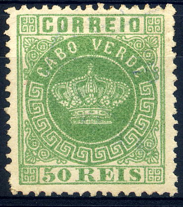 23Lis_1522.jpg -     Lote:    1522            Cabo Verde       Descrição:         1877 &mdash; Tipo Coroa. CE6, 50 reis verde amarelo, denteado 12 &frac12;, papel liso fino. Valor de catálogo &euro; 189,00.        *       Valor Base:     &euro; 30,00     Valor Venda:     &euro; 60,00     