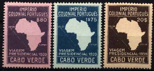23Lis_1525.jpg -     Lote:    1525            Cabo Verde       Descrição:         1939 &mdash; Segunda viagem Presidencial às Colónias. CE236/238. Série completa. Selo de $80 com três pequenos pontos de ferrugem, não cotado. Valor de catálogo &euro; 167,50.        ***       Valor Base:     &euro; 50,00     Valor Venda:     Retirado     