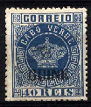 23Lis_1529.jpg -     Lote:    1529            Guiné       Descrição:         1879/86 &mdash; Tipo Coroa. Selos de Cabo Verde som sobrecarga GUINÉ, tipo grande. CE14, 40 reis azul em denteado 13 &frac12;, com transparência ao centro do selo. Lote a ver. Valor de catálogo &euro; 316,00.        *       Valor Base:     &euro; 15,00     Valor Venda:     &euro; 15,00     