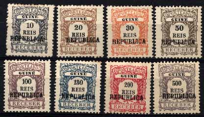 23Lis_1541.jpg -     Lote:    1541            Guiné       Descrição:         1919 &mdash; Porteado. Tipo de 1904 com sobrecarga REPUBLICA local. CE POR2&frac12;8. Série completa, emitidos sem goma. Valor de catálogo &euro; 111,95.        *       Valor Base:     &euro; 20,00     Valor Venda:     &euro; 44,00     