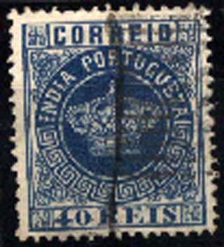 23Lis_1549.jpg -     Lote:    1549            Índia       Descrição:         1877 &mdash; Tipo Coroa. CE52, 40 reis azul, denteado 12 &frac12;, papel liso fino. Valor de catálogo &euro; 273,00. B e MR.        O       Valor Base:     &euro; 75,00     Valor Venda:     &euro; 75,00     