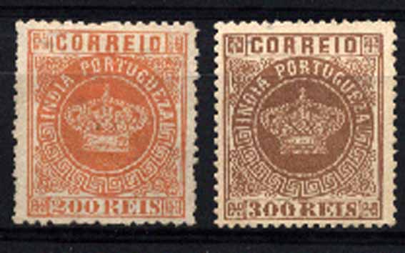 23Lis_1550.jpg -     Lote:    1550            Índia       Descrição:         1877 &mdash; Tipo Coroa. CE55/56. Lote de 2 selos: 200 reis laranja, denteado 12 &frac12;, e 300 reis castanho, denteado 13 &frac12;, papel médio. Valor de catálogo &euro; 89,90.        *       Valor Base:     &euro; 28,00     Valor Venda:     &euro; 36,00     