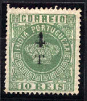 23Lis_1553.jpg -     Lote:    1553            Índia       Descrição:         1881/83 &mdash; Tipo Coroa, com sobretaxa. CE103, 4T s/ 10 reis, verde amarelo, denteado 13 &frac12;, papel fino. Valor de catálogo &euro; 21,20.        *       Valor Base:     &euro; 10,00     Valor Venda:     &euro; 22,00     