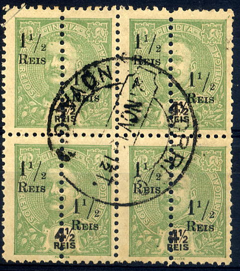 23Lis_1562.jpg -     Lote:    1562            Índia       Descrição:         1911/13 &mdash; D. Carlos I tipo Mouchon. Selos perfurados a meio com sobretaxa. CE216 (156), 1 &frac12; s/ 4 &frac12; reis verde amarelo, sobrecarga A. Valor de catálogo &euro; 96,80. MB e R.        O       Valor Base:     &euro; 20,00     Valor Venda:     &euro; 26,00     