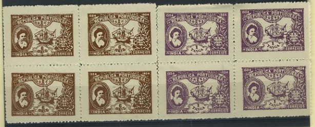 23Lis_1564.jpg -     Lote:    1564            Índia       Descrição:         1925 &mdash; 4.º Centenário de Vasco da Gama. CE323/324. Série completa em quadras. Valor de catálogo &euro; 73,00.        *       Valor Base:     &euro; 15,00     Valor Venda:     &euro; 18,00     