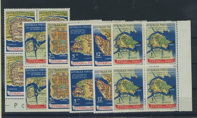 23Lis_1569.jpg -     Lote:    1569            Índia       Descrição:         1956 &mdash; 450.º Aniversário da Fundação dos Estado da Índia. Fortalezas. CE453/458. Série completa em quadras. Valor de catálogo &euro; 53,20.        ***       Valor Base:     &euro; 14,00     Valor Venda:     &euro; 22,00     