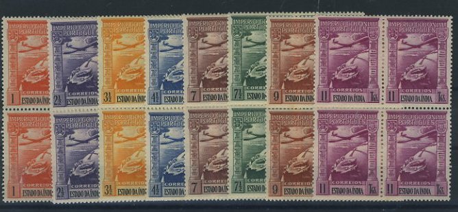 23Lis_1571.jpg -     Lote:    1571            Índia       Descrição:         1938 &mdash; Correio Aéreo. Império Colonial Português. CE CA1/8. Série completa em quadras. Valor de catálogo &euro; 192,64.        ***       Valor Base:     &euro; 40,00     Valor Venda:     Retirado     