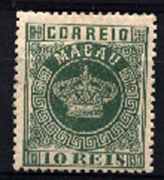 23Lis_1575.jpg -     Lote:    1575            Macau       Descrição:         1885/89 &mdash; Tipo Coroa. Novas cores e valores. CE16, 10 reis verde em denteado 13 &frac12;. Valor de catálogo &euro; 88,90.        **       Valor Base:     &euro; 20,00     Valor Venda:     &euro; 48,00     