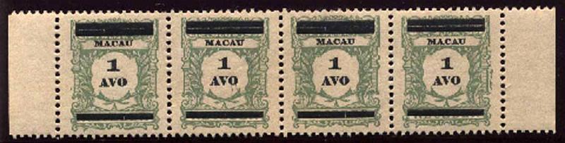 23Lis_1579.jpg -     Lote:    1579            Macau       Descrição:         1910 &mdash; Selos de Porteado com sobrecarga. CE142, 1 Avo verde amarelo. Tira horizontal de 4 selos. Valor de catálogo &euro; 44,80.        ***       Valor Base:     &euro; 10,00     Valor Venda:     Retirado     
