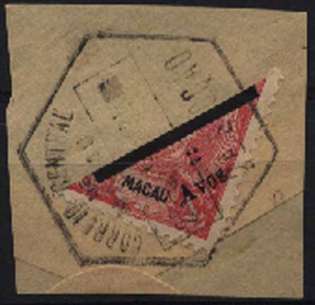 23Lis_1580.jpg -     Lote:    1580            Macau       Descrição:         1911 &mdash; D. Carlos I tipo Mouchon com sobretaxa. CE145. 2 s/ 4 avos carmim sobre fragmento com fendas no algarismo "2". Não catalogado.        FRG       Valor Base:     &euro; 5,00     Valor Venda:     &euro; 10,00     