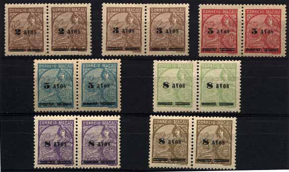 23Lis_1586.jpg -     Lote:    1586            Macau       Descrição:         194&frac14;2 &mdash; Padrões com sobretaxa. CE309/315. Série completa em pares horizontais. Pares CE311 e 312 com ligeiros defeitos na goma. Valor de catálogo &euro; 106,20.        ***       Valor Base:     &euro; 20,00     Valor Venda:     &euro; 55,00     