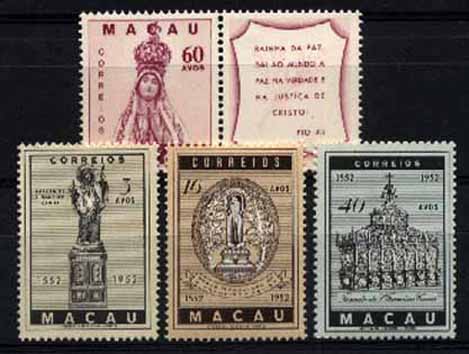 23Lis_1591.jpg -     Lote:    1591            Macau       Descrição:         1951/1952 &mdash; Encerramento do Ano Santo + 4.º Centenário da morte de S. Francisco Xavier. CE366 + CE368/370. Duas séries completas. Valor de catálogo &euro; 16,90.        **       Valor Base:     &euro; 5,00     Valor Venda:     &euro; 5,00     