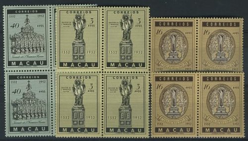 23Lis_1592.jpg -     Lote:    1592            Macau       Descrição:         1952 &mdash; 4.º Centenário da Morte de S. Francisco Xavier. CE368/370. Série completa. Selos 368 e 370 em quadras e selo 369 em dois pares (quadra partida). Valor de catálogo &euro; 52,60.        ***       Valor Base:     &euro; 14,00     Valor Venda:     &euro; 24,00     