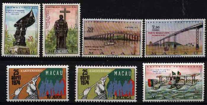 23Lis_1597.jpg -     Lote:    1597            Macau       Descrição:         1968/1975 &mdash; Pedro Alvares Cabral + Viagem Lisboa/Rio + Ponte da Taipa + 25 de Abril. CE418/19, 430, 435/36 e 438/39. Séries completas. Valor de catálogo &euro; 39,05.        ***       Valor Base:     &euro; 10,00     Valor Venda:     Retirado     