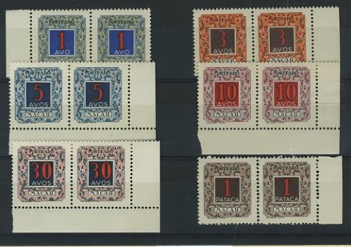 23Lis_1604.jpg -     Lote:    1604            Macau       Descrição:         1952 &mdash; Porteado. Emissão regular. Novo tipo (Arco-Iris). CE POR54/59. Série completa em pares horizontais, bordos ou cantos de folhas. Valor de catálogo &euro; 26,30.        ***       Valor Base:     &euro; 8,00     Valor Venda:     &euro; 12,00     
