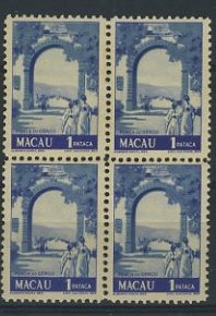 23Lis_1608.jpg -     Lote:    1608            Macau       Descrição:         1950 &mdash; Não emitidos. Motivos locais. CE NE10, 1 Pataca azul. Quadra com goma amarelada. Valor de catálogo &euro; 274,40.        ***       Valor Base:     &euro; 100,00     Valor Venda:     Retirado     