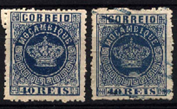 23Lis_1613.jpg -     Lote:    1613            Moçambique       Descrição:         1876 &mdash; Tipo Coroa. CE5, 40 reis azul. Lote de dois selos, um em estado novo, denteado 13 &frac12;, e outro em estado usado, denteado 12 &frac12;. Valor de catálogo &euro; 51,60.        */O       Valor Base:     &euro; 8,00     Valor Venda:     &euro; 8,00     