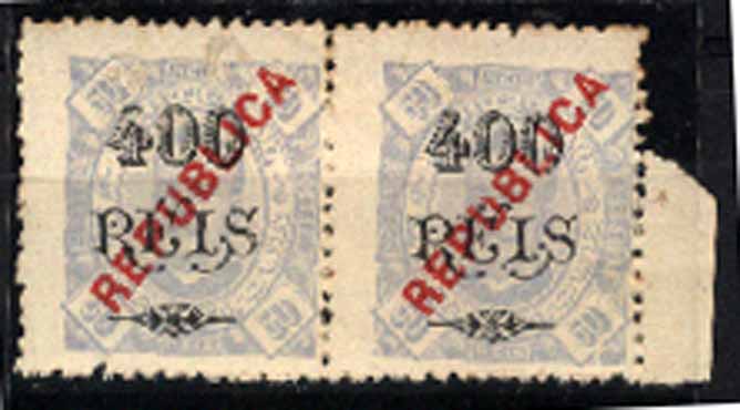 23Lis_1624.jpg -     Lote:    1624            Moçambique       Descrição:         1915/20 &mdash; D. Carlos I tipo Diogo Neto, com sobrecarga REPUBLICA local. CE177, 400 s/ 50 reis. Par em papel pontinhado, denteado 12 &frac12;. Um dos selos do par com defeito, não considerado na cotação. Valor de catálogo &euro; 126,00.        *       Valor Base:     &euro; 20,00     Valor Venda:     &euro; 24,00     